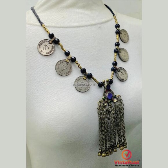 Coins and Beads Chain Necklace: Tribal Handmade Afghan Pendant - Picture 2 of 7